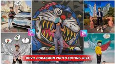 a collage of photos with the words devil doremon photo editing on them