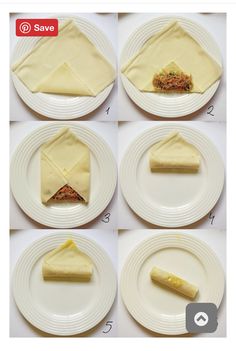 six plates with different types of food on them, each containing a piece of pie