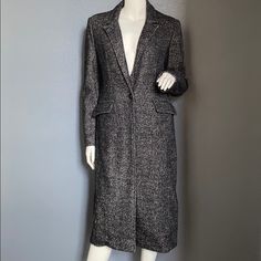 Banana Republic Full Length Coat In A Salt And Pepper Style Wool Blend Fabric. One Button Closure On Front. Not Lined. Size Marked Xs, About Size 2 Regular Size. Check Measurements Below. Condition Is Excellent, New Without Tag. Material: 35% Wool, 35% Viscose, 30% Polyester Dry Clean Only. Measurements: Shoulder To Shoulder: 16 Inch Armpit To Armpit: 19 Inch Arm Length: 24 Inch Full Length: 43 Inch Fitted Long Outerwear For Work, Fitted Long Outerwear For Office, Full Length Coat, Salt And Pepper, Banana Republic, Wool Blend, Full Length, Salt, Size 2