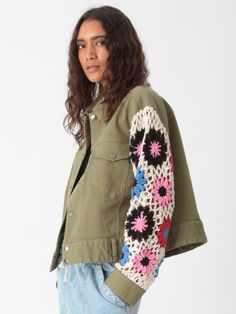 A classic utility style with multi colored floral crochet sleeves and and a twill body. You’ll love the Decklyn jacket. Pairs well with literally anything and everything. Fabric: 97% Cotton, 3% Spandex. Color-way: Olive. Models are 5'9" and 5'10" and both wearing size small. Dry clean only. Spring Casual Outerwear With Crochet Trim, Long Sleeve Outerwear With Crochet Trim For Fall, Casual Fall Outerwear With Crochet Trim, Eric Balfour, Crochet Sleeves, Stylish Activewear, Utility Style, Floral Crochet, Crochet Jacket