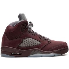 The Air Jordan 5 Sneakers Are Distinguished By An Extended Tongue And A Lace Toggle. This Model Is Delivered In A Burgundy And Grey Colourway, With The Signature Jumpman Branding Located On The Tongue, Heel And Rubber Sole. Imported Highlights Burgundy/Grey Nubuck Leather Mesh Panelling Signature Jumpman Motif Round Toe Front Lace-Up Fastening Toggle Fastening Logo-Embossed Tongue Signature Exposed Air Unit Rubber Sole These Styles Are Supplied By A Premium Sneaker Marketplace. Stocking Only The Burgundy Leather Sneakers With Cushioned Footbed, Luxury Burgundy Sneakers For Sports, Burgundy Leather Sneakers For Sports, Burgundy Cushioned Sneakers For Sports, Jordan 5 Burgundy, Burgundy Lace-up Sneakers With Rubber Sole, Burgundy Joggers, Hightop Sneakers, Jordan Red