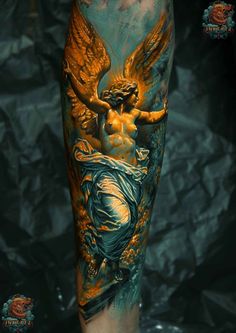 an artistic tattoo on the leg of a man's arm with angel and demon