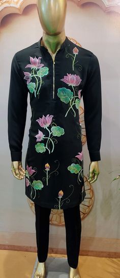 Black flower hand painted set ok kurta  make you glow bright and shine. Style and Work - Crafted in comfortable inner cotton, this kurta is designed in a base fabric Natural rayon and hand painted by our artisan in floral shade. This hand painted kurta take little bit extra time then other outfit due to hand paint get 4-7 day for creation. Include:-  (i) Kurta (top) with inner cotton layer (ii) Pant/chudidar (bottom) Festive Long Sleeve Digital Print Kurta, Traditional Long Sleeve Kurta With Digital Print, Long Sleeve Kurta With Digital Print For Festivals, Long Sleeve Digital Print Kurta For Festivals, Festival Long Sleeve Kurta With Digital Print, Traditional Festival Kurta With Digital Print, Traditional Spring Kurta With Digital Print, Diwali Long Sleeve Digital Print Kurta, Black Kurta With Printed Motifs For Transitional Season