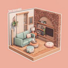 a drawing of a living room with brick fireplace and blue couch in front of it