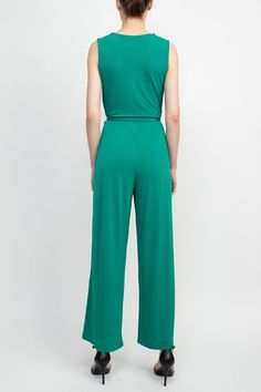 This stylish Nina Leonard V-Neck Back Zipper Sleeveless Front Tie Waist Jersey Jumpsuit is perfect for any casual occasion. Featuring a v-neck neckline, back zipper, sleeveless cut, and front tie waist, it provides all the necessary style while maintaining comfort. It's a must-have addition to any wardrobe! Spring Strapless Sleeveless Jumpsuit With Elastic Waistband, Green Stretch Strapless Jumpsuit, Casual Strapless Sleeveless Jumpsuit With Elastic Waistband, Casual Strapless Jumpsuit With Elastic Waistband, Versatile Sleeveless Jumpsuits And Rompers In Solid Color, Versatile Sleeveless Jumpsuits And Rompers, Versatile Sleeveless Solid Jumpsuits And Rompers, Versatile Sleeveless Jumpsuits For Work, Versatile Sleeveless Jumpsuits And Rompers For Loungewear