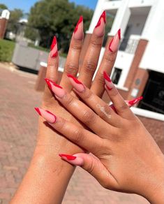 Red Nails Accent Nail, Cute Pink And Red Nails, Candy Apple Red Nails Design, Red Design Nails Acrylic, Classy Red Nails Design, Red Nail Styles, Nude And Red Acrylic Nails, Nail Inspo Extra, Nails With Red Design