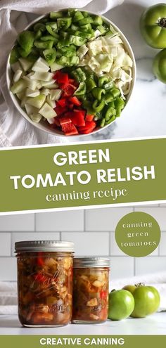 green tomato relish canning recipe in two jars with apples and peppers next to it