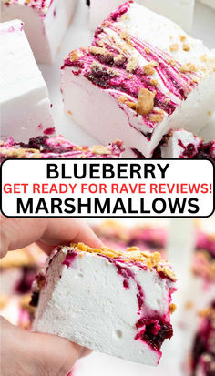 one image shows the top of a marshmallow and the second shows the side of one. Blueberry Marshmallows, Cheesecake Marshmallow, Marshmallow Dessert Recipes, Marshmallow Desserts, Blueberry Syrup