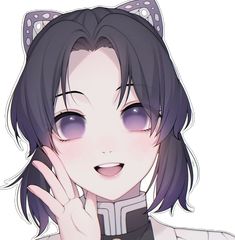 an anime character with black hair and cat ears on her head, making the peace sign