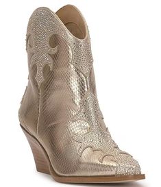 Jessica Simpson Zolly Snake Embossed Rhinestone Western Booties | Dillard's Glamorous Leather Boots With Silver Studs, Glamorous Leather Boots With Rhinestones, Embellishment Details, Western Booties, Dillard's, Eras Tour, Jessica Simpson, Emboss, Clothing Accessories