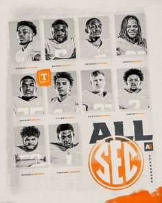 an orange and white poster with all the different football players