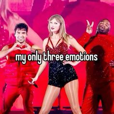 two people in red and black outfits with the caption, my only three emotions