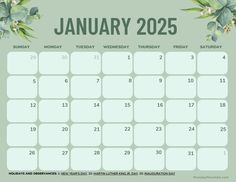 the calendar for january is shown with flowers and leaves on green background, which are also in