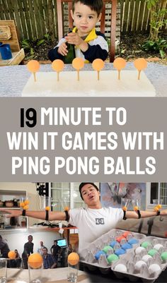 a boy is playing with ping pong balls in his backyard and the text reads 19 minute to win it games with ping pong balls