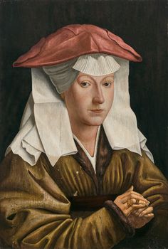 a painting of a woman with a red hat on her head and hands folded over her chest