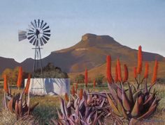 an oil painting of flowers and a windmill in the distance with mountains in the background