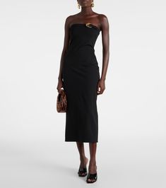 Beekman strapless midi dress in black - Staud | Mytheresa Strapless Elastane Midi Dress, Strapless Elastane Midi Dress For Night Out, Chic Strapless Elastane Dress For Evening, Chic Strapless Dress For Evening, Elegant Staud Midi Dress For Evening, Staud Elegant Evening Midi Dress, Staud Fitted Midi Cocktail Dress, Staud Fitted Midi Dress For Cocktail, Staud Sleeveless Formal Midi Dress