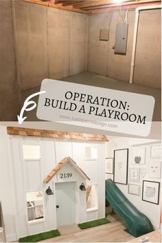 a dog house with a slide in the middle and a sign above it that says operation build a playroom