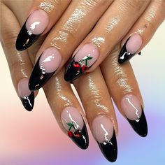 Black French With Cherries Nails, Black French Tips With Cherries, Black Cherry French Tip Nails, Black French Tip Cherry Nails, Black And Cherry Nails, Cherry Rhinestone Nails, Black Nails With Cherries, Black French With Heart, Cherry Black Nails