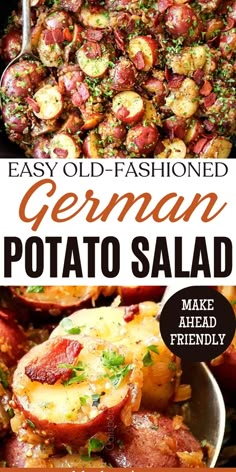 the recipe for easy old fashioned german potato salad is shown in this collage with text overlay