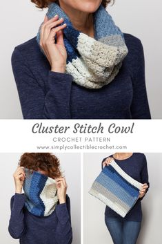 a woman wearing a blue and white crochet cowl with text that reads, cluster stitch cowl