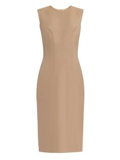 Krew High Quality Tan Sheath Dress – Caeli Couture Beige Structured Fitted Dress, Classic Fitted Sleeveless Dress, Classic Sleeveless Midi Dress With Flattering Silhouette, Elegant Structured Sleeveless Dress For Work, Classic Fitted Sleeveless Midi Dress, Elegant Structured Sleeveless Dress, Elegant Fitted Structured Sleeveless Dress, Beige Sheath Bodycon Dress For Formal Occasions, Beige Knee-length Bodycon Dress For Formal Occasions