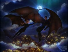 two people are flying in the sky with a giant dragon above them and city lights behind them