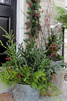 two metal buckets filled with evergreen plants and pine cones on the front door porch