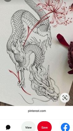 an image of a dragon tattoo on a sheet of paper next to a red flower