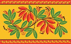 an orange and green floral design on a yellow background with red border around the edges