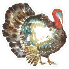 a turkey sticker is shown on the back of a white background with brown, orange and blue feathers