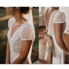 two photos of a woman wearing a wedding dress and holding her hand on her shoulder