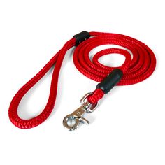 a red leash with black handle on a white background