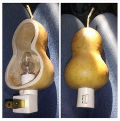 two pictures of pears sitting next to each other on a blue seat with an electric outlet plugged in