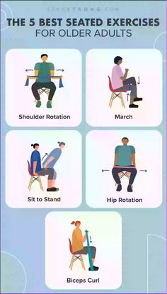 the five best seated exercises for older adults infographical poster with four people sitting in chairs