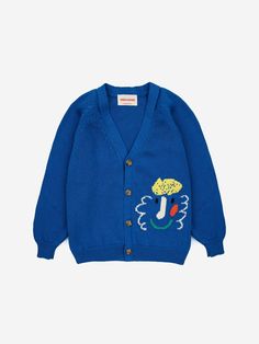 Color: Blue Blue cotton cardigan, with V-neck, elasticated cuffs and hem, button closure on the front. It is embellished with an embroidered pattern on the front. 100% Cotton. Wash at 30°C. | Bobo Choses Blue Cardigan For Kids With Embroidered Pattern Boys | SS24 Happy Mask, Embroidered Cardigan, Simple Tees, Blue Cardigan, Cotton Cardigan, Overall Dress, Wide Leg Denim, Jumpers And Cardigans, Wide Leg Jeans