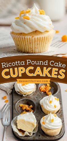 You'll want to double or triple this Easter dessert recipe! It's a must-try spring food idea. Topped with whipped ricotta frosting, this small batch of ricotta pound cake cupcakes is a special treat! Ricotta Cheese Cupcakes, Ricotta Cupcake Recipes, Small Batch Cake Recipes, Ricotta Dessert Recipes, Small Batch Cake Recipe, Mini Easter Desserts, Ricotta Cupcakes, Ricotta Frosting, Ricotta Recipes Dessert