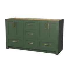 a large green cabinet with gold handles and drawers on the bottom, in front of a white background