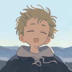 an animated image of a boy making a face with his mouth open and mountains in the background