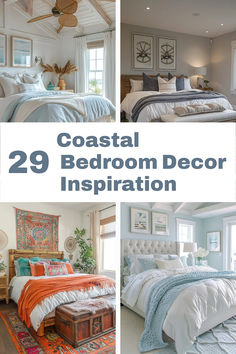 coastal bedroom decor is featured in this collage with the words, 29 bedroom decor inspiration