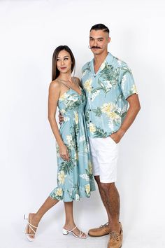 Hawaiian Matching Outfits, Casual Matching Set Dress For Vacation, Casual Beach Dresses Matching Set, Summer Vacation Dresses Matching Set, Casual Beach Dresses With Matching Set, Summer Vacation Dresses With Matching Set, Tropical Short Sleeve Dress For Holiday, Green Matching Set Dress For Summer, Hawaiian Dresses With Tropical Print For Holiday