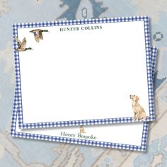 two blank papers with an image of a dog and ducks on them, both have blue gingham border