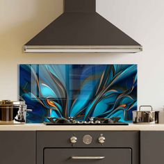 a stove top oven sitting inside of a kitchen next to a wall mounted range hood