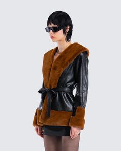 When you have a taste for the finer things in life 😏 Made from soft faux fur with a fully lined design and faux leather wrap belt to cinch in at waist , this black leather coat will make it very clear that you call the shots 🤎 Winter Faux Leather Belted Outerwear, Winter Belted Faux Leather Outerwear, Winter Leather Jacket With Belt, Chic Black Leather Fur Coat, Winter Faux Leather Belted Jacket, Winter Faux Fur Belted Outerwear, Chic Belted Faux Fur Outerwear, Winter Belted Faux Fur Coat, Belted Faux Fur Coat For Winter