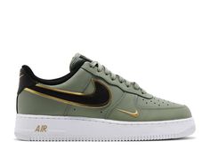 Air Force 1 '07 LV8 'Oil Green' - Nike - DA8481 300 - oil green/black/metallic gold | Flight Club Olive Green Air Force Ones, Nike Green Shoes, Nike Air Force 1 Green, Air Force Green, Green Air Force 1, Airforce Shoes, Leather Shoes Men Casual, Air Force 1 Men, Air Force One Shoes