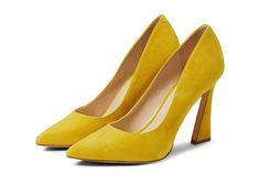 Nine West Trendz - Women's Shoes : Yellow : With an elegant tall spool heel and pointed-toe silhouette, the Nine West Trendz are a fashion forward pump perfect for work or play. Slip-on pump design. Genuine leather upper. Manmade lining and insole. Durable manmade outsole. Imported. Measurements: Heel Height: 4 in Weight: 9 oz Product measurements were taken using size 9, width M. Please note that measurements may vary by size. Weight of footwear is based on a single item, not a pair. Formal Yellow Block Heels, Formal Yellow Block Heel Heels, Yellow High Heel Court Shoes For Formal Occasions, Yellow Block Heels For Formal Occasions, Yellow Pointed Toe Court Shoes For Formal Occasions, Workwear High Heel Pumps With Deep Heel Cup, Elegant Yellow Court Shoes With 4-inch Heel, Chic Yellow Pointed Toe Court Shoes, Yellow Almond Toe Court Shoes For Formal Occasions