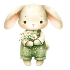 a watercolor painting of a bunny with daisies in his pants and overalls