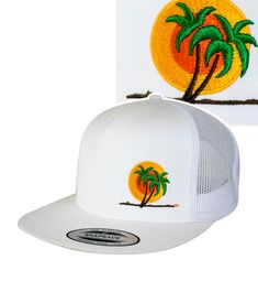 6006 Classic Snapback Trucker Hat, Baseball Cap with NICERIDE's Classic Palm Logo embroidered on the front left and NICERIDE embroidered on the right side. Designed, Embroidered and Shipped in the United States. Embroidered Snapback Trucker Hat For Beach, Embroidered Trucker Baseball Cap For Beach, White Snapback Hat With Embroidered Patch, White Embroidered Snapback Hat With Flat Brim, White Embroidered Trucker Hat, Embroidered Flat Bill Fitted Hat, Embroidered White Trucker Hat With Flat Bill, Custom Embroidered White Hat, White Custom Embroidered Hat