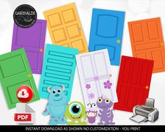 several different colored doors with cartoon characters around them and the text instant download as shown no custom - you print