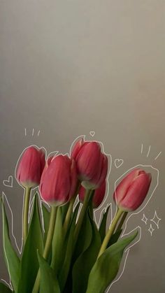 some pink tulips are in a vase with green leaves and hearts drawn on the wall behind them